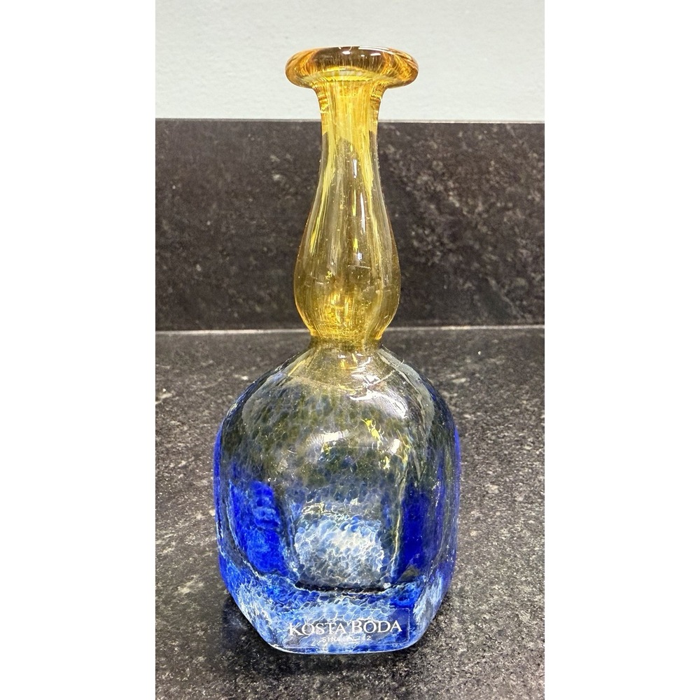 Kosta Boda Antikva Miniature Art Glass Bottle Blue Amber Bertil Vallien 4"